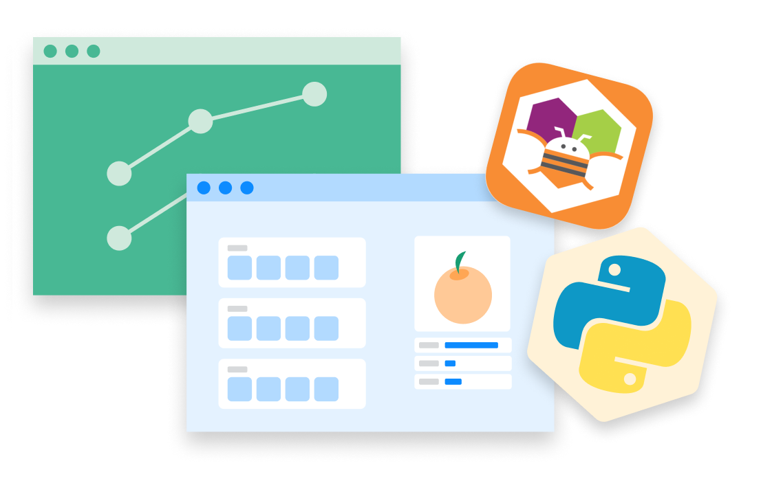 AppInventer, Python 로고 아이콘과 데이터 분석 묘사 일러스트